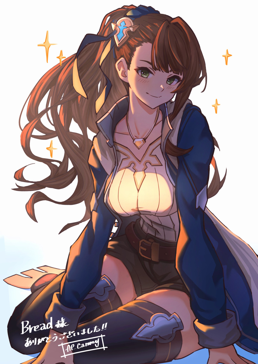 1girl absurdres ap_cammy asymmetrical_bangs beatrix_(granblue_fantasy) belt belt_buckle black_shorts blue_jacket breasts brown_belt brown_hair buckle commission granblue_fantasy green_eyes high_ponytail highres jacket jewelry long_sleeves looking_at_viewer necklace puffy_long_sleeves puffy_sleeves shirt shorts smile solo white_background white_shirt