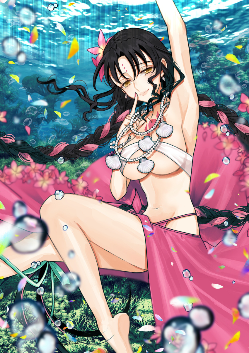 1girl air_bubble arm_up armpits bare_legs barefoot bikini black_hair bracelet braid breasts bubble caustics chest_tattoo closed_mouth commentary earrings falling_petals fate/grand_order fate_(series) feet_out_of_frame flower forehead_tattoo hair_flower hair_ornament hand_up highres index_finger_raised jewelry large_breasts lips long_hair looking_at_viewer merokonbu0 multicolored_hair navel necklace parted_bangs pearl_bracelet pearl_earrings pearl_necklace petals pink_bikini pink_flower pink_hair pink_sarong sessyoin_kiara sessyoin_kiara_(swimsuit_mooncancer) sessyoin_kiara_(swimsuit_mooncancer)_(first_ascension) shell shell_necklace smile solo streaked_hair swimsuit tattoo twin_braids underboob underwater very_long_hair white_bikini yellow_eyes