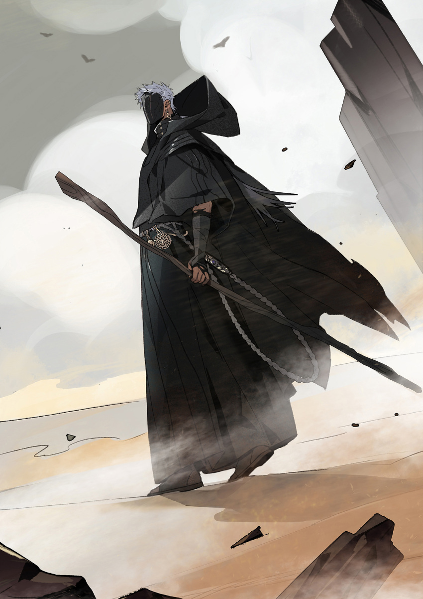 1boy arm_wrap bird black_cape black_footwear black_gloves black_hakama black_mask black_shirt black_theme boots cape chain cloud covered_face earclip earrings elrohirz full_body gloves grey_hair hakama highres holding holding_staff holding_stick hood hooded_cape japanese_clothes jewelry long_hair male_focus original outdoors rock sand shirt short_hair short_sleeves solo staff stick torn_clothes walking wide_sleeves wind