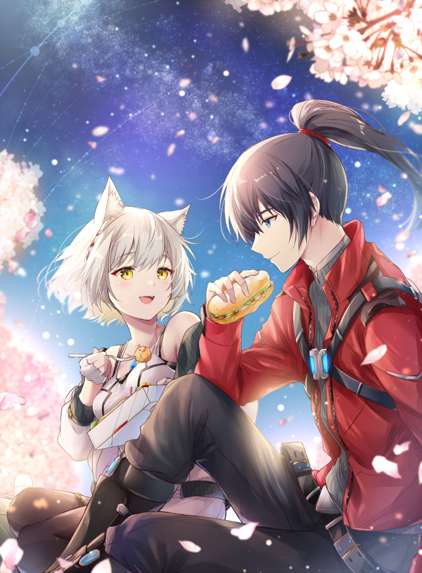 1boy 1girl animal_ears bento black_hair blue_eyes camisole cat_ears cherry_blossoms chest_jewel falling_petals food grey_hair highres holding_bento jacket long_hair mio_(xenoblade) noah_(xenoblade) open_mouth petals picnic ponytail red_jacket short_hair skirt smile tank_top ui_frara white_camisole white_skirt xenoblade_chronicles_(series) xenoblade_chronicles_3 yellow_eyes