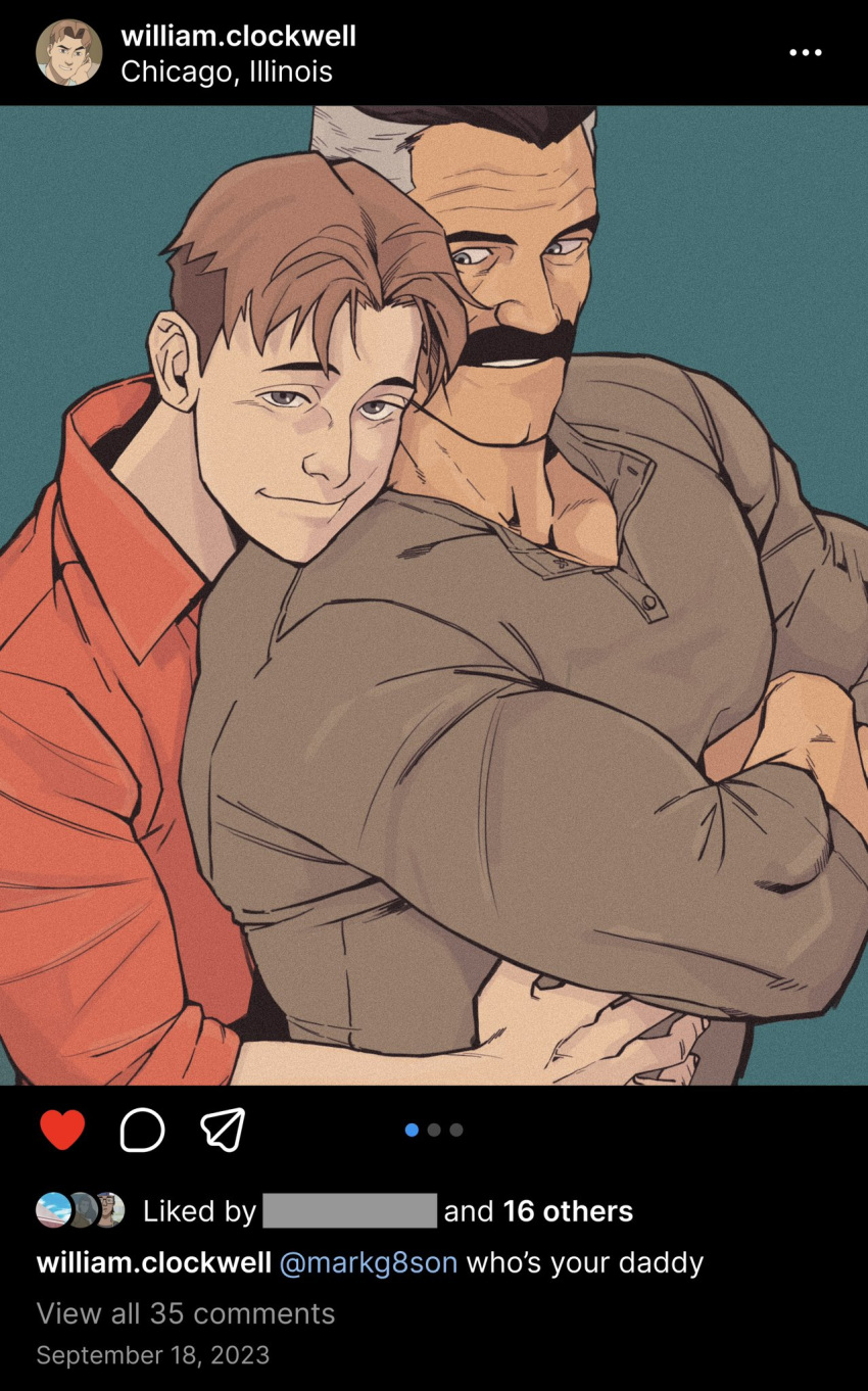 2boys bara black_hair bonjourdraws brown_hair closed_mouth collared_shirt couple english_text facial_hair fake_screenshot grey_hair grey_shirt highres hug hug_from_behind instagram invincible_(series) male_focus multicolored_hair multiple_boys muscular muscular_male mustache nolan_grayson red_shirt shirt short_hair smile two-tone_hair william_clockwell yaoi