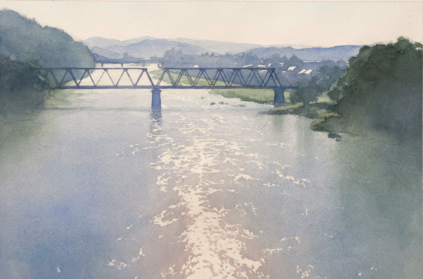 bridge day highres mountain mountainous_horizon no_humans original painting_(medium) reflection reflective_water river riverbank scenery sunlight toyonaga_ryouhei traditional_media tree tree_shade watercolor_(medium)