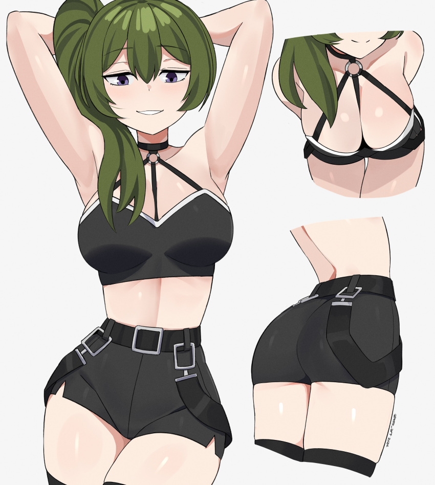 1girl absurdres alternate_costume armpits arms_behind_back arms_behind_head arms_up ass bare_shoulders belt black_choker black_shorts breasts choker cleavage collarbone contrapposto cowboy_shot crop_top downblouse english_commentary green_hair hair_between_eyes highres large_breasts leaning_forward linea_alba linea_nigra long_hair looking_at_viewer midriff multiple_views navel peps_art ponytail purple_eyes short_shorts shorts side_ponytail sidelocks simple_background skindentation smile solo sousou_no_frieren standing stomach thigh_gap thighhighs thighs twitter_username ubel_(sousou_no_frieren) white_background
