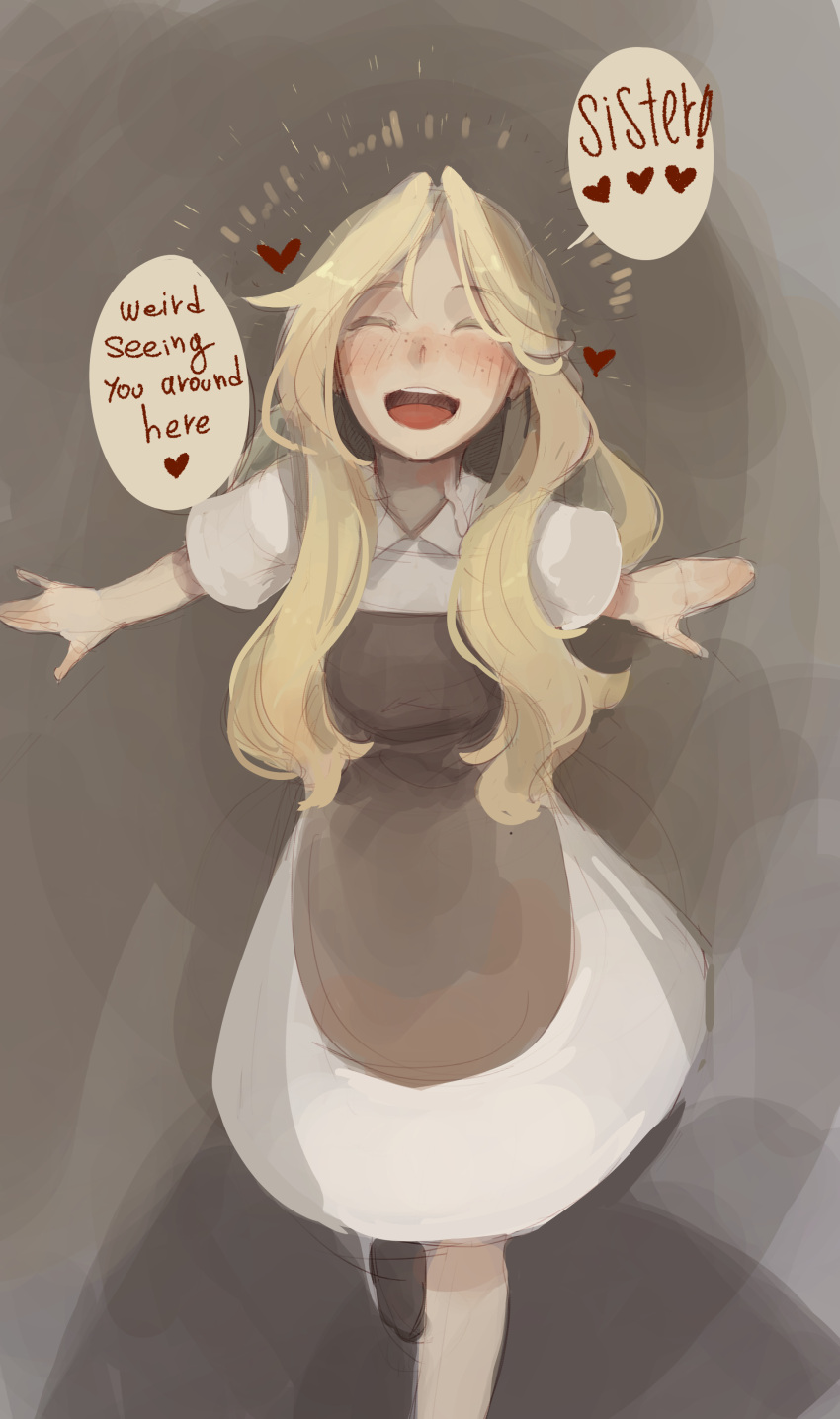 1girl absurdres after_sex apron blonde_hair blush brown_apron closed_eyes commentary cum cum_on_neck dress english_commentary english_text facing_viewer freckles highres long_hair open_mouth original short_sleeves solo speech_bubble standing sushoartworks white_dress