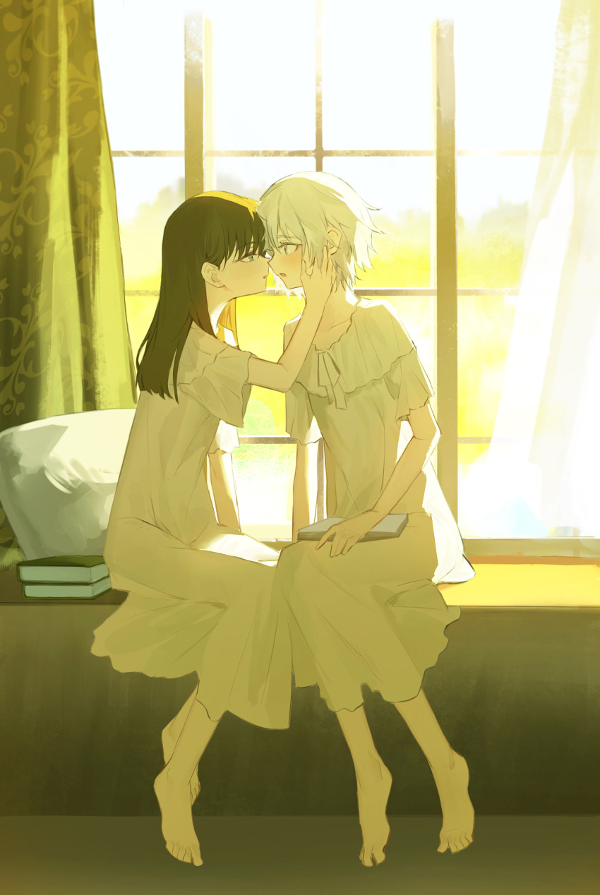 2girls absurdres barefoot black_hair blush book commentary_request curtains cushion day dress forehead-to-forehead full_body grey_eyes hand_on_another's_face heads_together highres indoors long_hair multiple_girls nago_nago noses_touching original parted_lips profile short_hair short_sleeves sitting white_dress white_hair window yuri