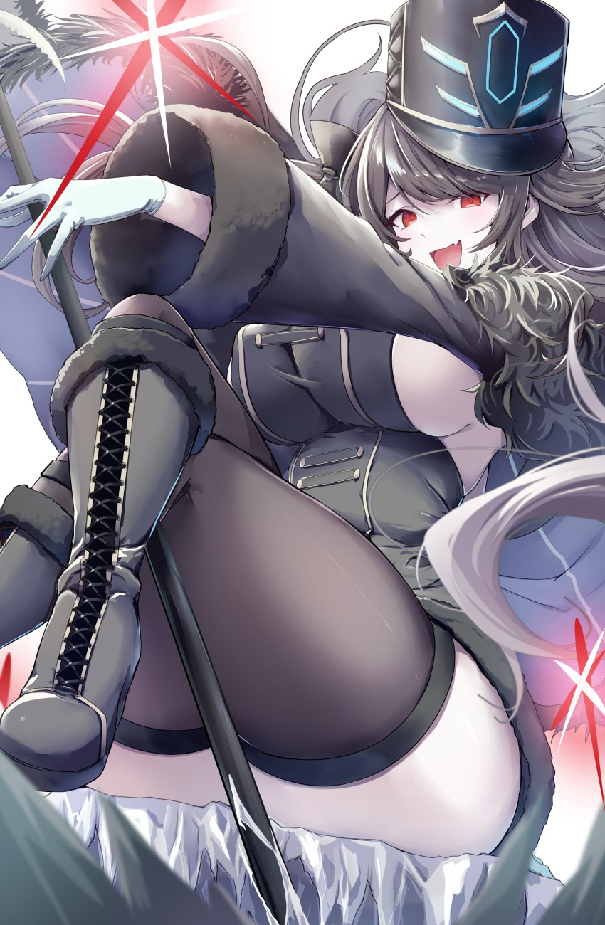 1girl absurdres azur_lane black_coat black_footwear black_hair black_hat black_thighhighs blue_gloves boots breasts coat crossed_legs fang floating_hair fur-trimmed_boots fur-trimmed_coat fur_trim gloves hat highres ice large_breasts leer.meer long_hair long_sleeves looking_at_viewer open_mouth pamiat_merkuria_(azur_lane) pamiat_merkuria_(meta)_(azur_lane) peaked_cap red_eyes sideboob sitting skin_fang smile solo swept_bangs taut_clothes thighhighs white_gloves