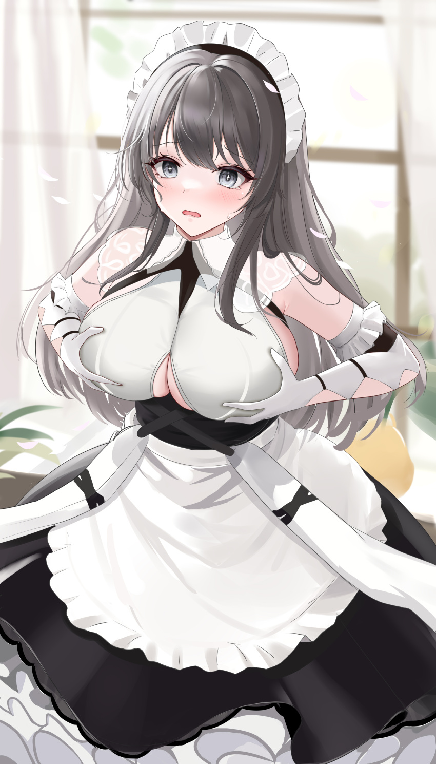 1girl absurdres apron azur_lane black_dress blush breast_hold breasts charybdis_(azur_lane) clothing_cutout commentary commission curtains dress elbow_gloves framed_breasts frilled_apron frills gloves grey_eyes grey_hair hairband highres huge_breasts indoors lace-trimmed_hairband lace_trim layered_dress looking_at_viewer maid_headdress pixiv_commission see-through_curtains sleeveless solo two-tone_dress underboob_cutout white_apron white_dress white_gloves window wo_meiyou_mao