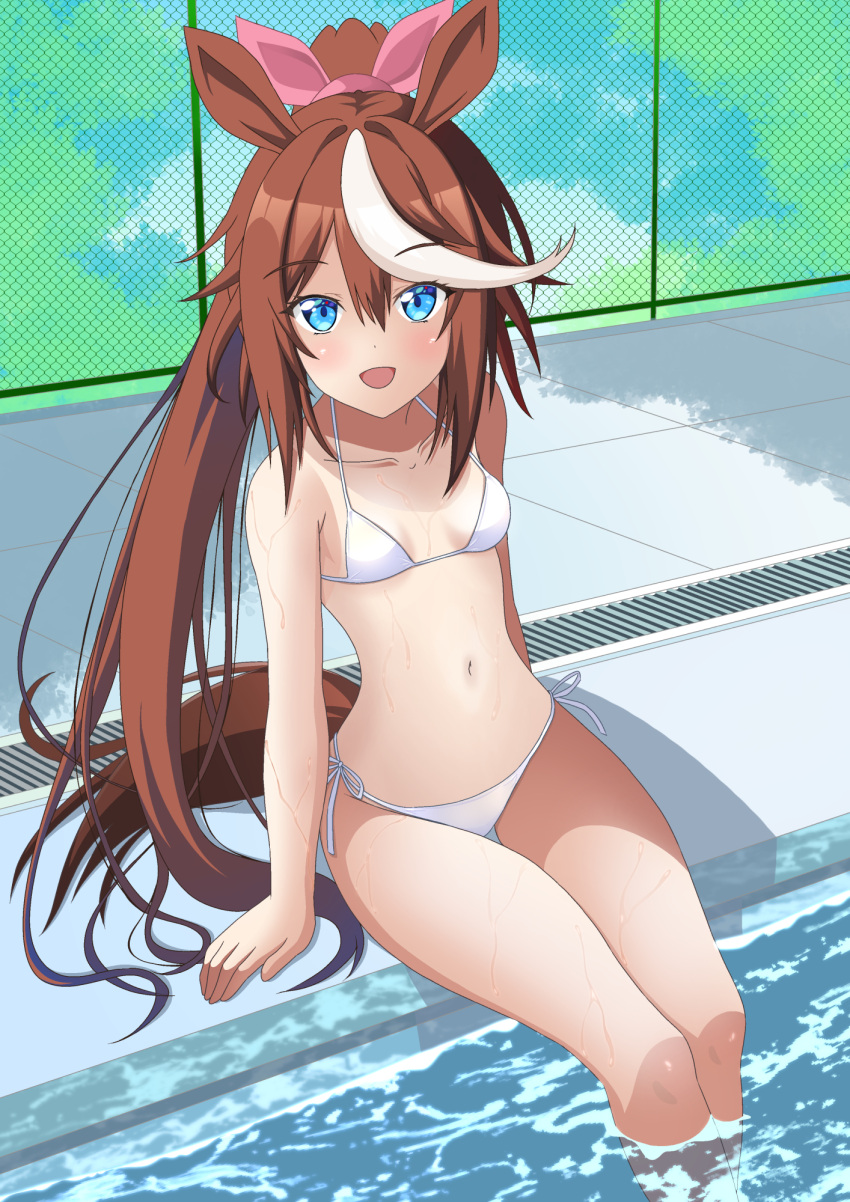 1girl aki_(kagamitotukasakonata) animal_ears bikini blue_eyes breasts brown_hair commentary_request ear_ribbon feet_out_of_frame high_ponytail highres horse_ears horse_girl horse_tail long_hair multicolored_hair one-piece_tan ponytail poolside side-tie_bikini_bottom small_breasts smile soaking_feet solo streaked_hair swimsuit tail tan tanlines tokai_teio_(umamusume) umamusume water white_bikini white_hair