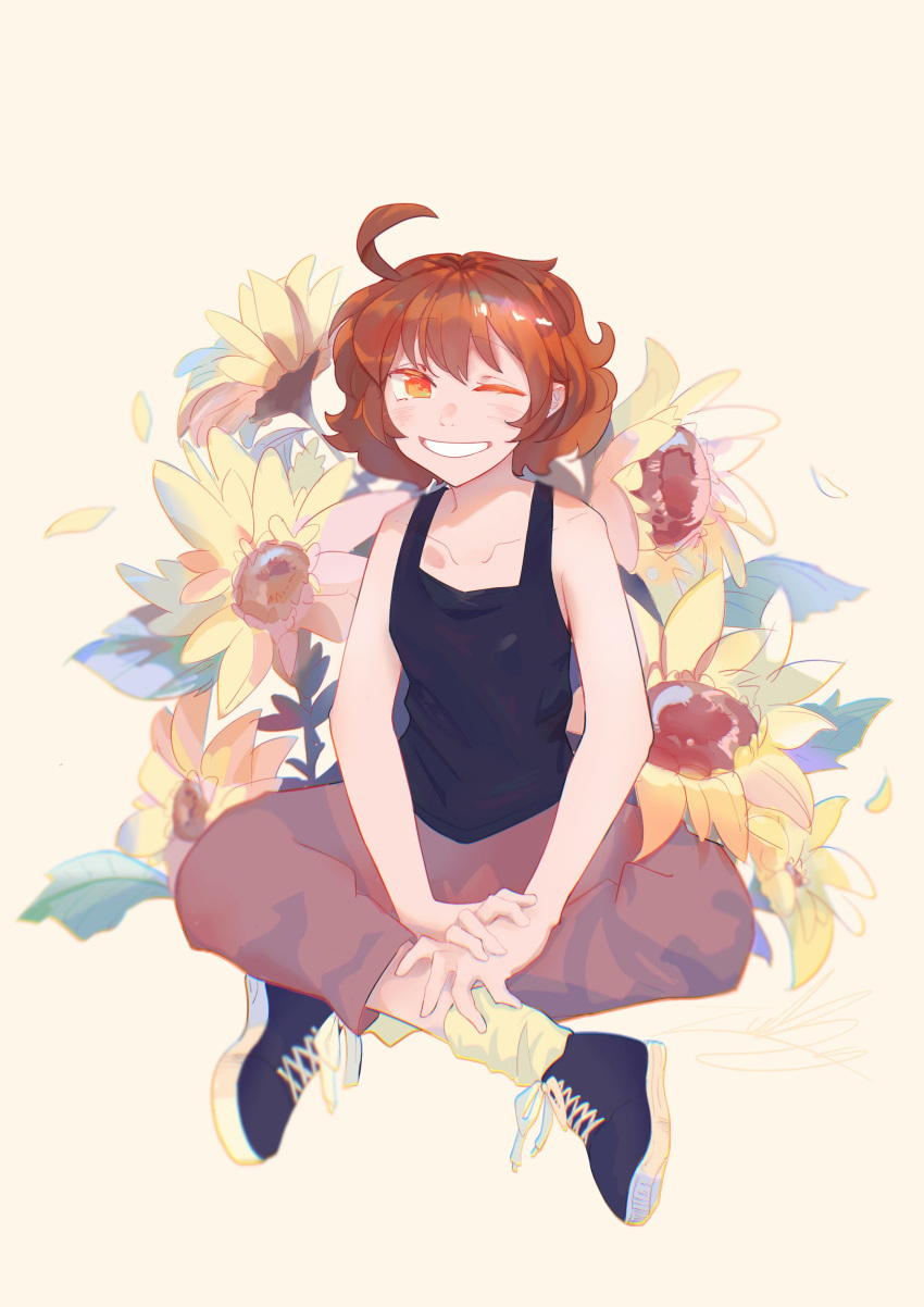 1girl absurdres brown_hair flower highres orange_eyes original short_hair simple_background sleeveless smile sunflower zukyomire