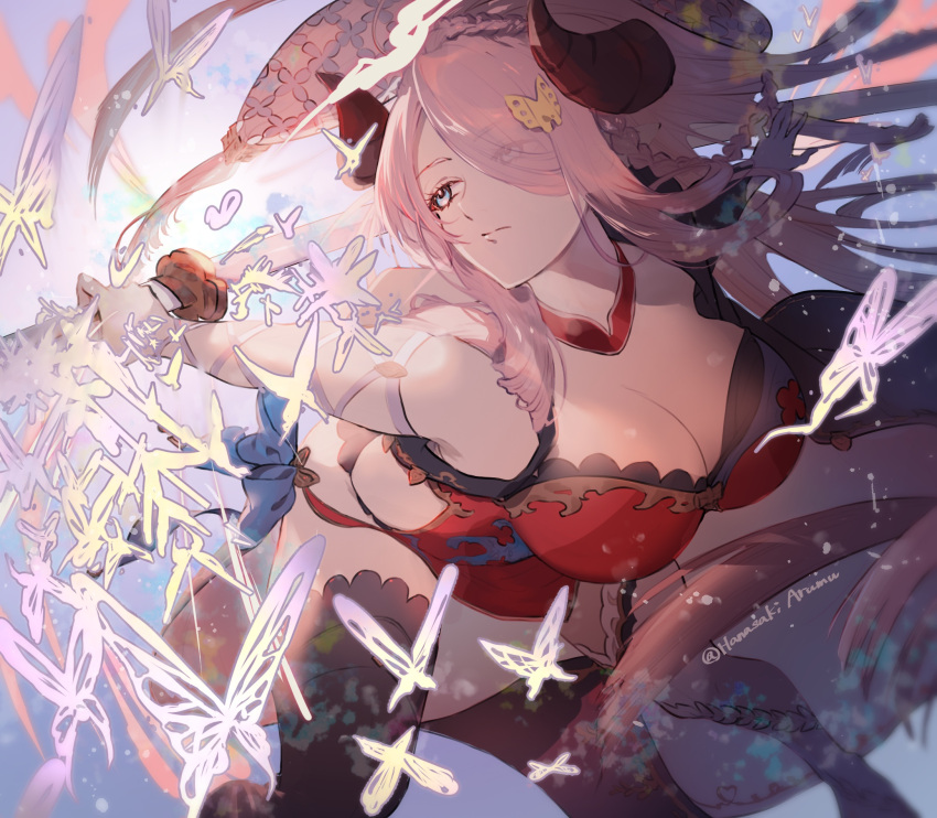 arumu blue_eyes braid breasts bug butterfly butterfly_hair_ornament cleavage demon_horns draph dress granblue_fantasy hair_ornament hair_over_one_eye highres holding holding_sword holding_weapon horns katana large_breasts narmaya_(granblue_fantasy) pointy_ears single_braid sleeveless sleeveless_dress sword weapon