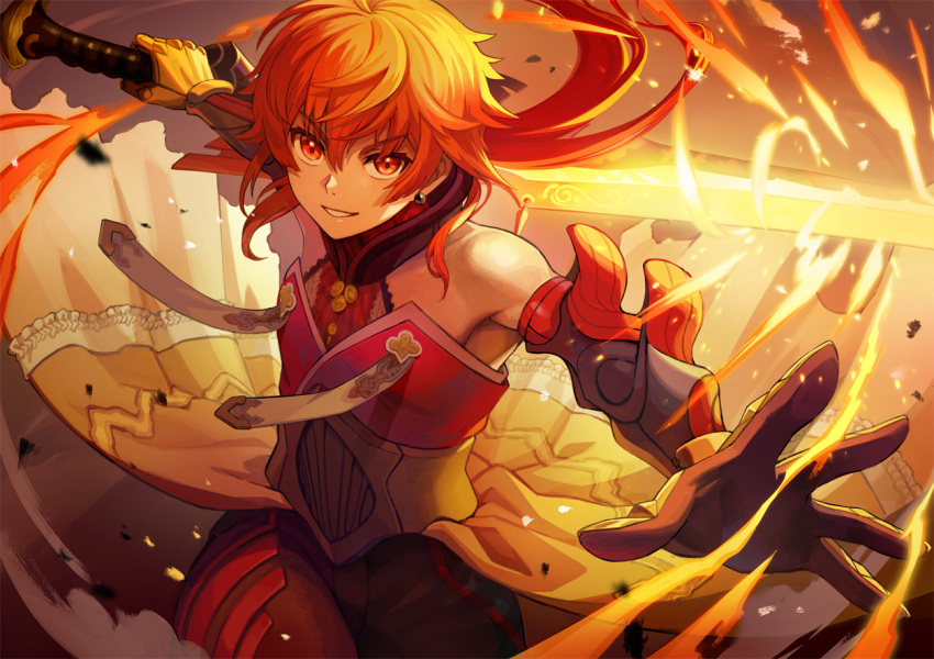 1boy bare_shoulders braid detached_collar detached_sleeves fate/grand_order fate_(series) fire fon-due_(fonfon) gloves glowing holding holding_weapon indian_clothes jewelry long_hair looking_at_viewer orange_eyes orange_hair ponytail rama_(fate) red_eyes red_hair smile weapon