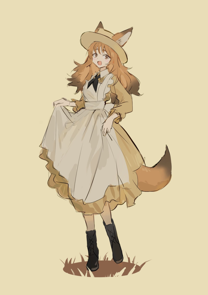 1girl animal_ears apron black_footwear black_ribbon boots brown_background brown_dress brown_eyes brown_hair collared_dress commentary_request dress fox_ears fox_girl fox_tail full_body grass highres long_hair long_sleeves looking_at_viewer nago_nago neck_ribbon open_mouth original ribbon simple_background skirt_hold smile solo tail white_apron