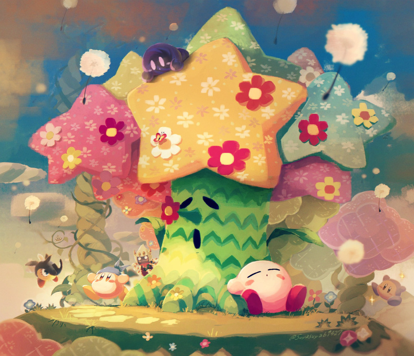 :o artist_name bandana bandana_waddle_dee bean_stalk beetley blue_bandana blue_flower blue_sky blush blush_stickers brown_eyes bug butterfly closed_eyes closed_mouth cloud dandelion_seed day dreamstalk flower flowery_woods flying grass hataraku_ufo highres jobski jumping kirby kirby:_triple_deluxe kirby_(series) no_humans on_grass outdoors pink_flower plant red_flower running shadow_kirby sitting sky sleeping sleeping_upright sparkle suyasuyabi taranza tree twitter_username ufo ufo_(kirby) vines waddle_dee white_flower yellow_flower