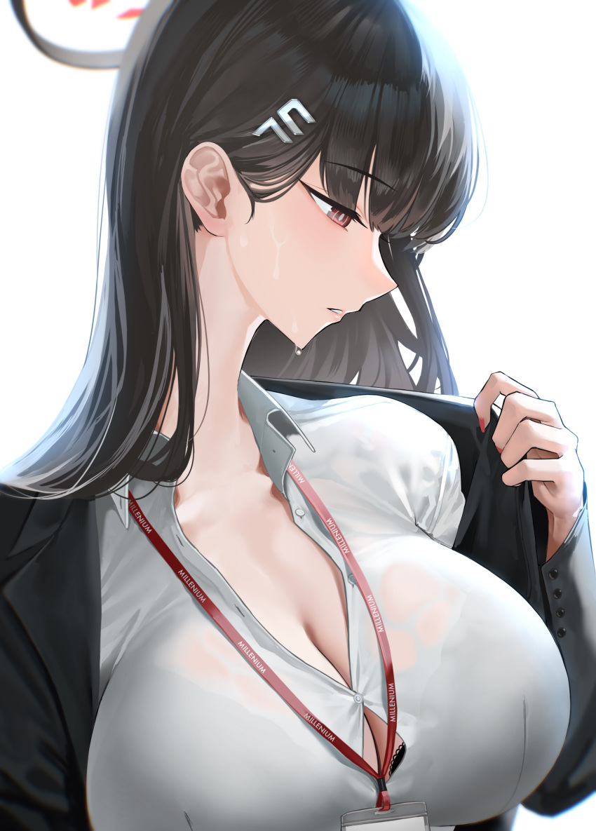 1girl absurdres black_hair black_jacket blazer blue_archive blush breasts cleavage fingernails halo highres jacket kazane-wind lanyard large_breasts looking_down nail_polish office_lady open_collar profile red_eyes rio_(blue_archive) shirt simple_background solo sweat sweaty_clothes upper_body white_background white_shirt