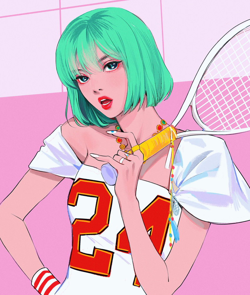 1girl blackpink bob_cut english_commentary eyeliner green_hair hand_on_own_hip highres holding holding_racket jewelry k-pop lisa_(blackpink) looking_at_viewer makeup necklace ngop open_mouth pink_background racket real_life red_eyeliner red_lips ring short_hair solo tennis_racket upper_body white_nails wristband