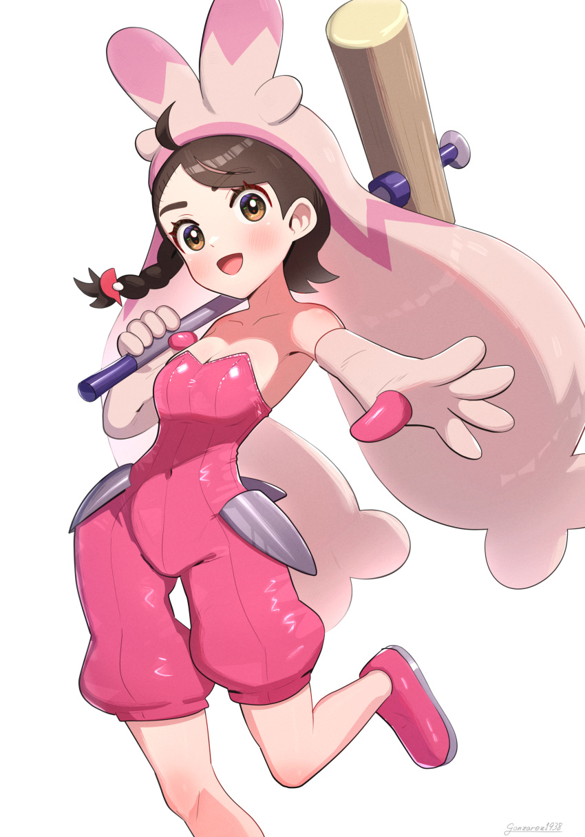 1girl absurdres brown_eyes brown_hair cosplay gonzarez hammer highres holding holding_hammer holding_weapon juliana_(pokemon) open_mouth pokemon pokemon_sv tinkaton tinkaton_(cosplay) weapon