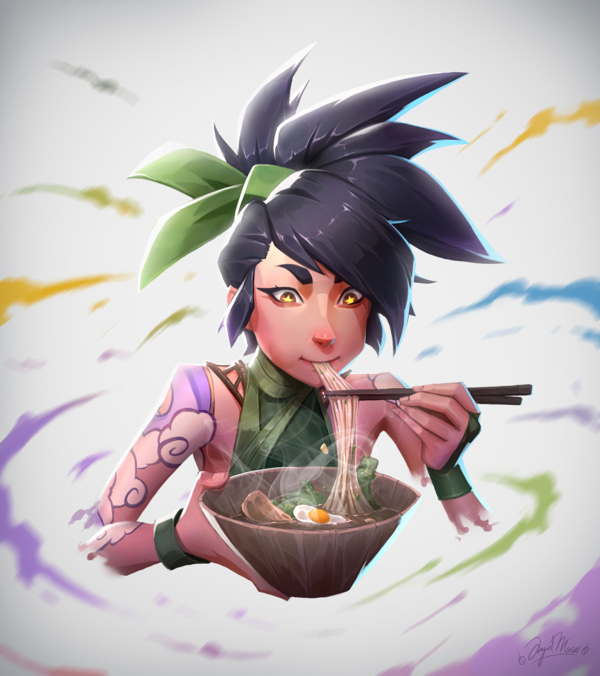 1girl absurdres akali angelmoonlight arm_tattoo bare_shoulders black_hair breasts chopsticks cloud_tattoo cropped_torso eating egg_(food) food green_hairband hairband hands_up highres holding holding_chopsticks league_of_legends long_hair noodles ponytail ramen smoke solo sparkling_eyes tattoo upper_body white_background