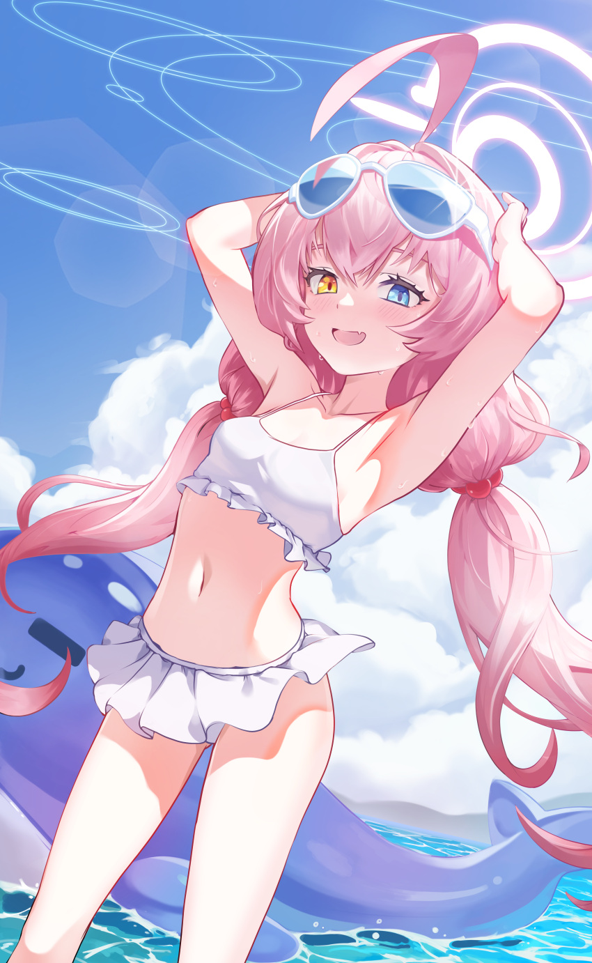 1girl :d absurdres ahoge bikini blue_archive blue_eyes blue_sky breasts cloud commentary day eyewear_on_head fang foxtail_(kxnx2574) hair_bobbles hair_ornament halo heterochromia highres hoshino_(blue_archive) hoshino_(swimsuit)_(blue_archive) inflatable_toy inflatable_whale long_hair looking_at_viewer low_twintails ocean official_alternate_costume open_mouth outdoors pink_hair pink_halo skin_fang sky small_breasts smile solo standing sunglasses swimsuit twintails white_bikini yellow_eyes