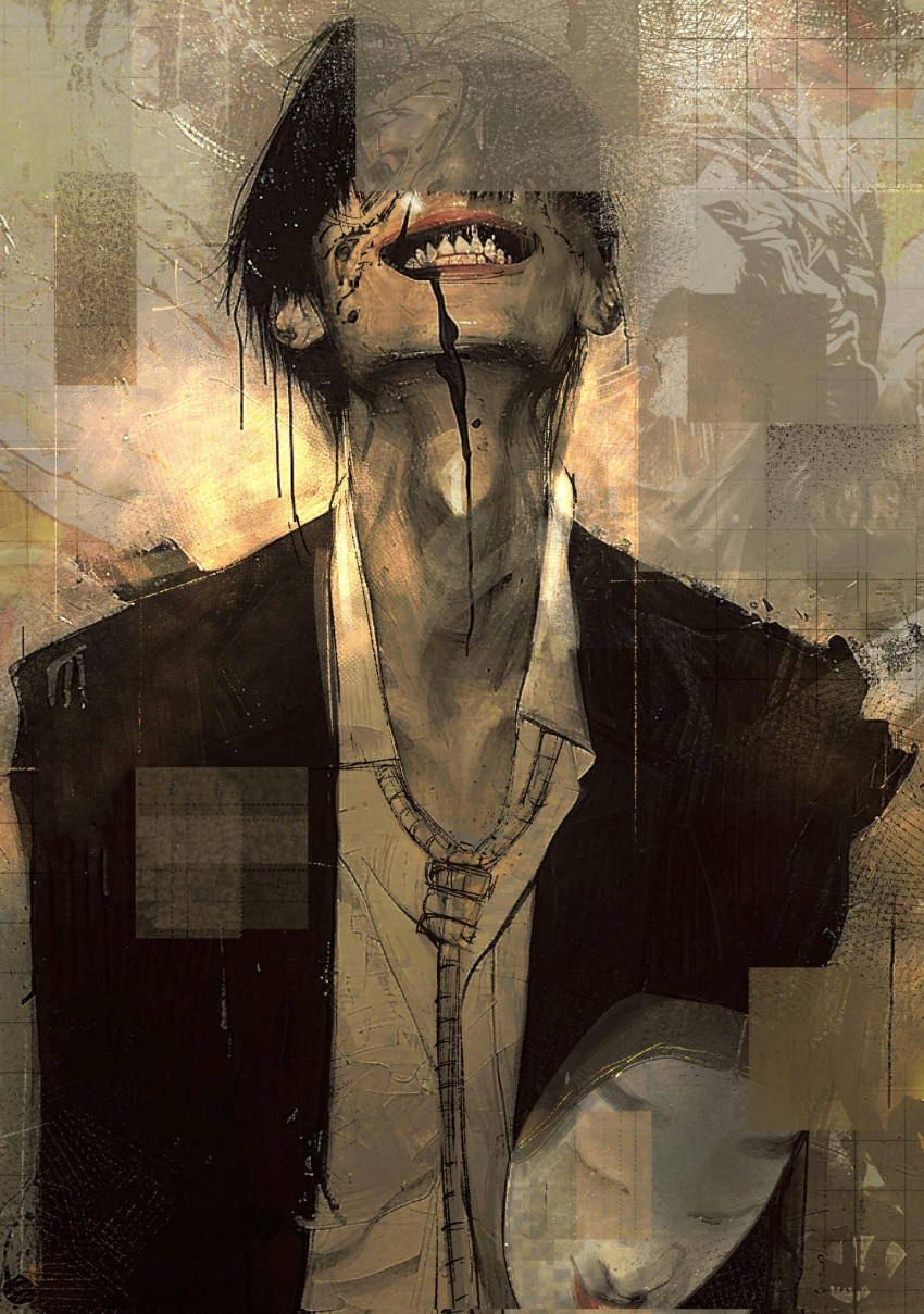 black_hair black_liquid black_suit blood blood_on_teeth choujin_x collared_shirt extra_eyes head_back highres ink ishida_sui looking_at_viewer messy messy_hair noh_mask noh_mask_(choujin_x) noose_necktie official_art painting_(medium) shirt smile suit teeth traditional_media watercolor_(medium) white_shirt