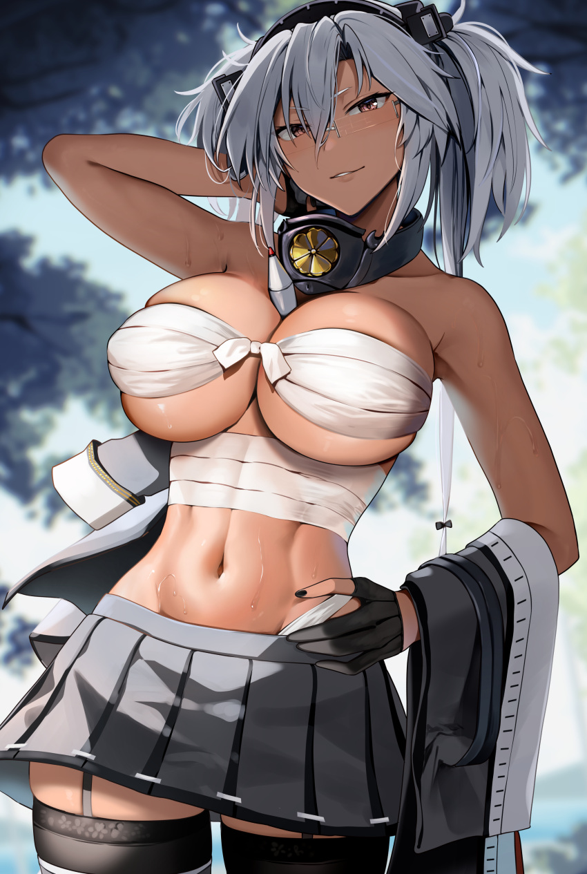 1girl absurdres between_breasts black_garter_straps black_gloves black_nails black_thighhighs blurry blurry_background breasts budget_sarashi chest_sarashi commentary_request dark-skinned_female dark_skin garter_straps gloves grey_hair grey_skirt hair_between_eyes highres jacket jacket_on_arm kantai_collection large_breasts long_hair looking_at_viewer low_twintails miniskirt musashi_(kancolle) navel parted_lips partially_fingerless_gloves pleated_skirt red_eyes sarashi semi-rimless_eyewear skirt smile solo sweat thighhighs twintails two_side_up type_1_ap_shell unworn_jacket yunamaro