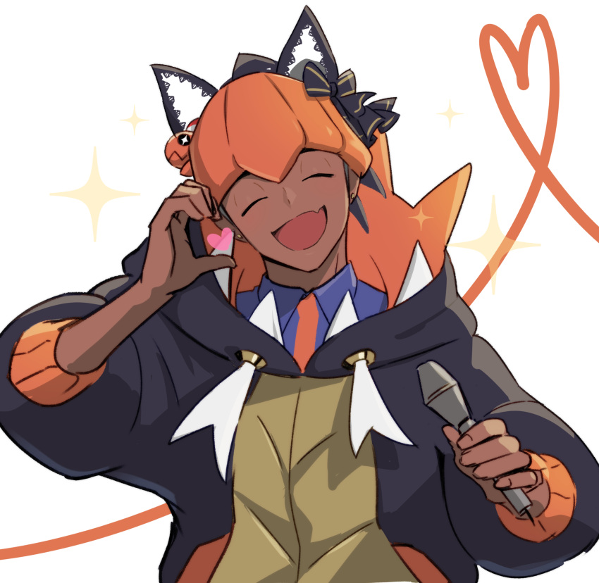 :d animal_ears black_hoodie blue_shirt closed_eyes collared_shirt commentary_request earrings facing_viewer fang happy headband heart highres holding holding_microphone hood hood_down hoodie jewelry microphone open_mouth orange_headband pokemon pokemon_swsh raihan_(pokemon) shirt skin_fang smile sparkle tassel trapinch upper_body yunoru