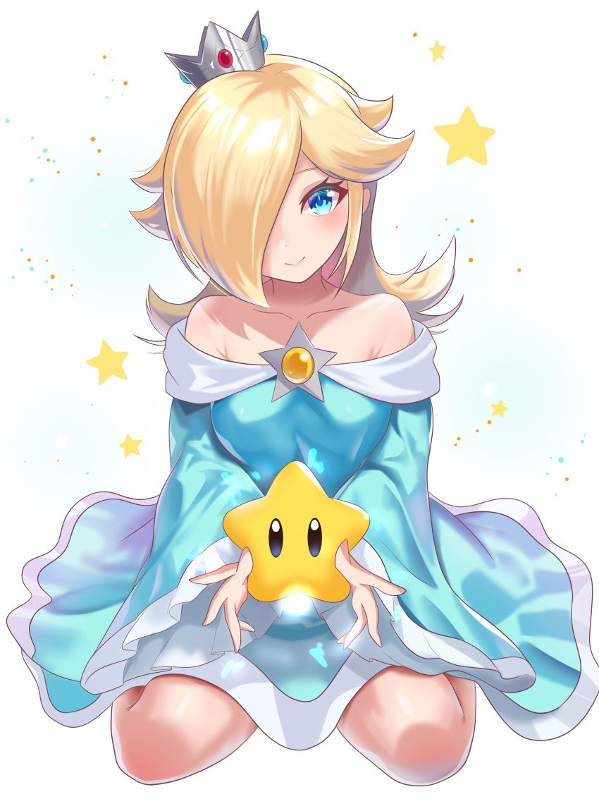 1girl absurdres aqua_dress bare_shoulders blonde_hair blue_eyes blush brooch crown dress hair_over_one_eye highres jewelry long_hair mario_(series) off-shoulder_dress off_shoulder rosalina ryu160303 sitting solo star_(symbol) star_brooch super_star_(mario) wariza