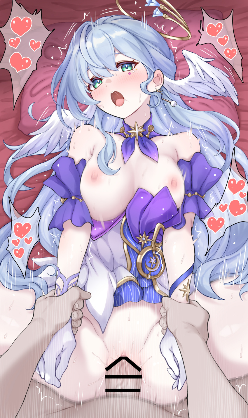 1boy 1girl absurdres aqua_eyes bar_censor bare_shoulders blue_hair blush breasts censored daram_(shappydude) detached_sleeves earrings facial_mark gloves halo happy_sex head_wings heart hetero highres holding_another's_arm honkai:_star_rail honkai_(series) jewelry long_hair medium_breasts missionary motion_lines nipples on_bed open_mouth pillow pov pussy pussy_juice robin_(honkai:_star_rail) single_earring spoken_heart sweat very_long_hair white_gloves wings