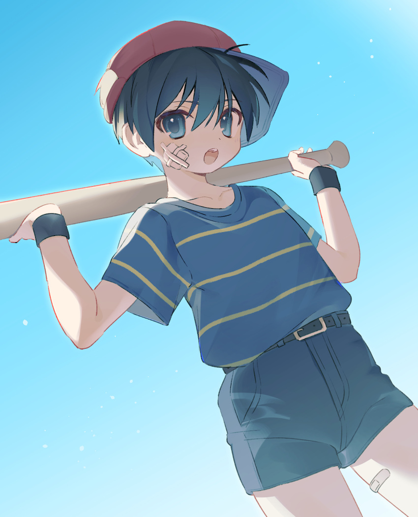 1boy absurdres baseball_cap black_hair blue_eyes hat highres male_focus mother_(game) mother_1 ninten open_mouth shirt short_hair shorts sideways_hat sky striped_clothes striped_shirt user_eehs2222