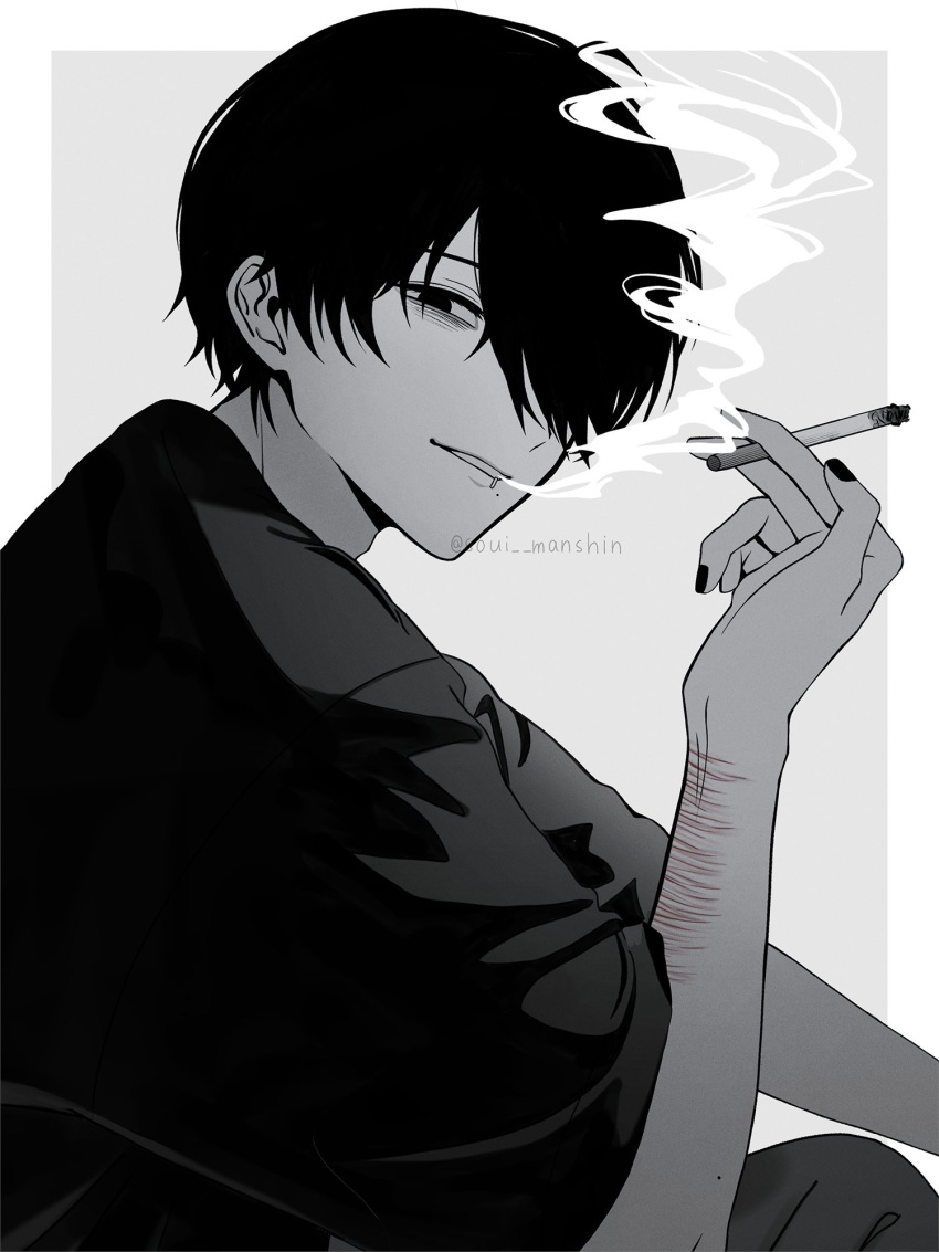 1boy bags_under_eyes cigarette greyscale hair_over_one_eye highres holding holding_cigarette jewelry lip_piercing looking_at_viewer male_focus monochrome nail_polish original piercing self-harm_scar shirt simple_background smoke smoking solo soui_manshin spot_color two-tone_background