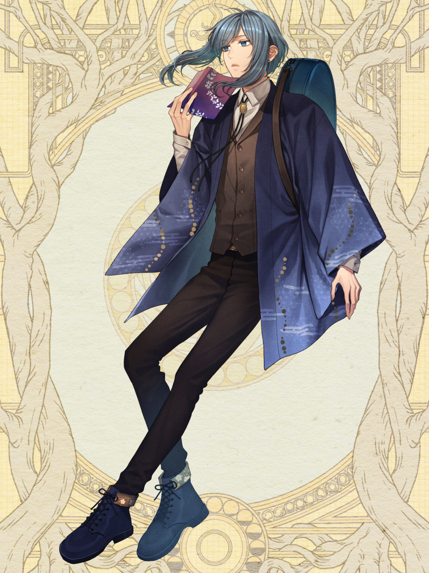 1boy ankle_boots arm_at_side asa_no_ha_(pattern) black_footwear black_pants blue_eyes blue_hair blue_jacket bolo_tie book boots brown_vest buttoned_cuffs closed_mouth collared_shirt cross-laced_footwear dairoku_ryouhei earrings egasumi expressionless floral_print fold-over_boots full_body hand_up haori highres holding holding_book instrument_case jacket japanese_clothes jewelry lace-up_boots long_sleeves looking_ahead male_focus open_book open_clothes open_jacket pants satono_omo shirasagi_iku shirt short_hair sidelocks solo standing stud_earrings swept_bangs vest white_shirt yellow_background