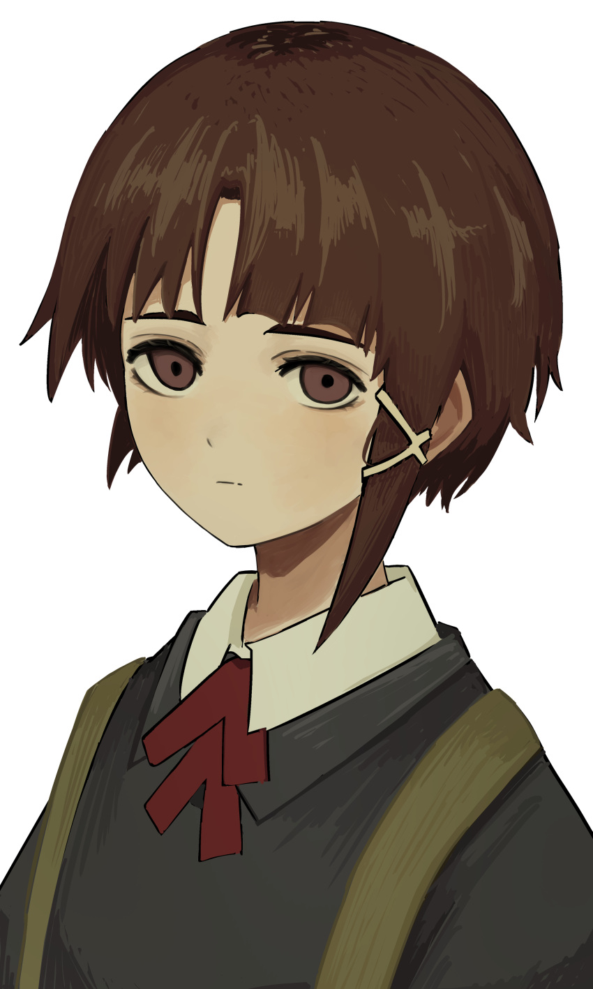 1girl absurdres asymmetrical_hair blazer brown_eyes brown_hair closed_mouth collared_shirt commentary_request grey_jacket hair_ornament highres iwakura_lain jacket luce65535 neck_ribbon parted_bangs red_ribbon ribbon serial_experiments_lain shirt short_hair shoulder_strap simple_background single_sidelock solo upper_body white_background white_shirt x_hair_ornament