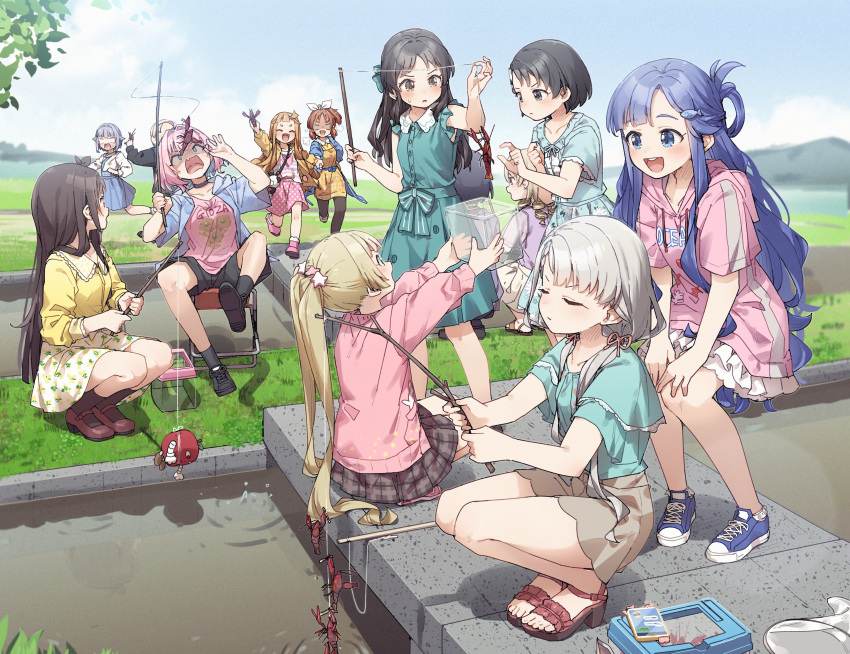 6+girls :d ^_^ abe_nana absurdres animal asari_nanami black_choker black_footwear black_hair black_pantyhose black_shorts black_socks blonde_hair blue_dress blue_eyes blue_hair blue_skirt blue_sky blurry blurry_background blush breasts brown_eyes brown_footwear brown_hair brown_jacket brown_shorts cellphone choker closed_eyes closed_mouth clothes_writing cloud collarbone collared_dress collared_shirt commentary crayfish day depth_of_field drawstring dress dress_shirt fang fish_hair_ornament from_behind grey_eyes grey_hair grey_skirt hair_flaps hair_intakes hair_ornament hair_over_shoulder hair_ribbon hair_rings hand_grab hands_up hayasaka_mirei highres hisakawa_nagi holding holding_animal hood hood_down hooded_jacket hoodie ichihara_nina idolmaster idolmaster_cinderella_girls jacket koshimizu_sachiko layered_skirt long_hair low_twintails medium_breasts morikubo_nono mountain multiple_girls open_clothes open_jacket outdoors pantyhose phone pink_footwear pink_hair pink_hoodie pink_jacket pink_shirt pink_skirt plaid plaid_dress plaid_skirt pleated_skirt polka_dot polka_dot_skirt ponytail purple_hair ribbon ringlets ringorou_(idolmaster) running sasaki_chie shaded_face shirasaka_koume shirt shoe_soles shoes short_eyebrows short_sleeves shorts skirt sky sleeveless sleeveless_dress smile socks squatting standing star_(symbol) star_hair_ornament sunazuka_akira suspender_skirt suspenders tachibana_arisu teeth thick_eyebrows twintails upper_teeth_only v-shaped_eyebrows very_long_hair water wavy_mouth white_ribbon white_shirt white_skirt yellow_dress yellow_shirt yokoyama_chika yukie_(kusaka_shi) yumemi_riamu