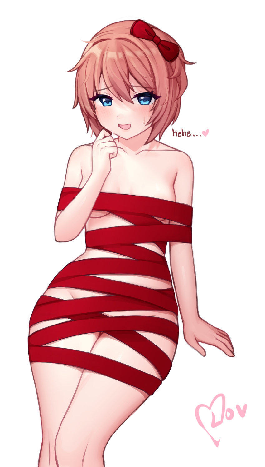 1girl absurdres blue_eyes blush bow breasts brown_hair doki_doki_literature_club groin hair_between_eyes hair_bow hand_to_own_mouth heart highres invisible_chair looking_at_viewer mika_(lovdere) naked_ribbon nervous_smile open_mouth red_bow red_ribbon ribbon sayori_(doki_doki_literature_club) short_hair sitting small_breasts smile solo sweat white_background