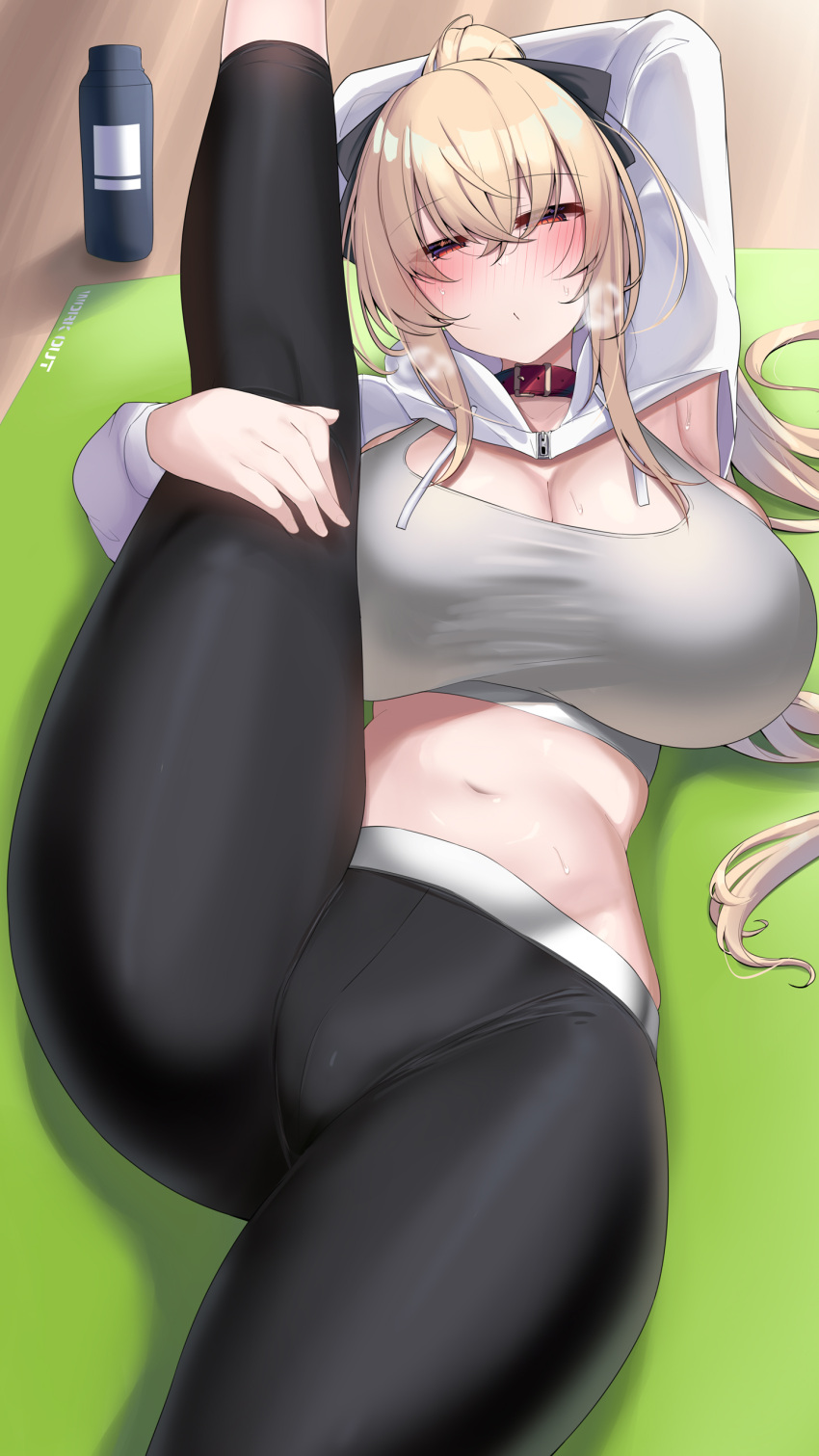 1girl abs absurdres armpits belt_collar blonde_hair blush breasts cleavage collar exercising flexible gym heavy_breathing highres huge_breasts kneepits kubiwa_(kutan) kutan leg_up leggings legs long_hair looking_at_viewer midriff navel original pants ponytail red_collar red_eyes shrug_(clothing) solo sports_bra sportswear stomach thighs tight_clothes tight_pants white_sports_bra yoga_mat yoga_pants