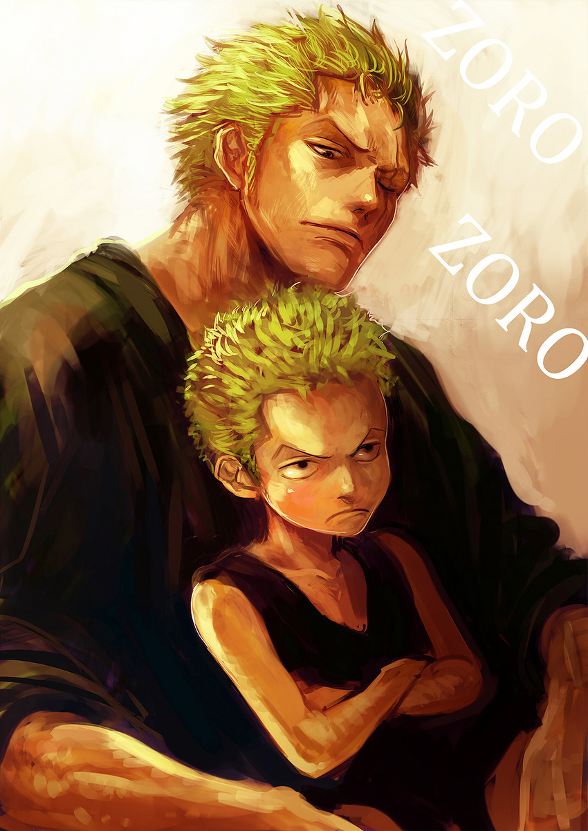 bad_id bad_pixiv_id child dual_persona green_hair highres male_focus multiple_boys one_piece roronoa_zoro scar time_paradox tsuyomaru younger