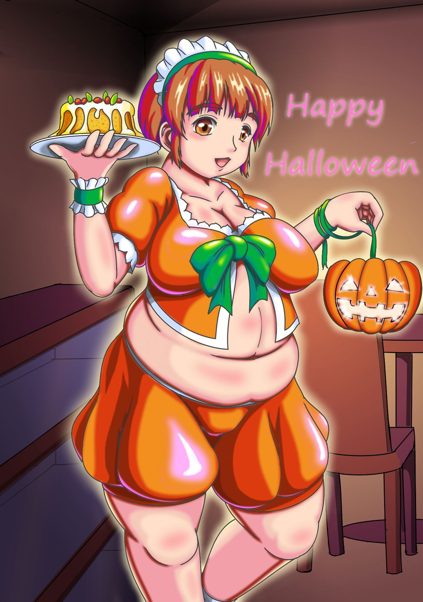 1girl brown_hair fat halloween highres orizen pumpkin