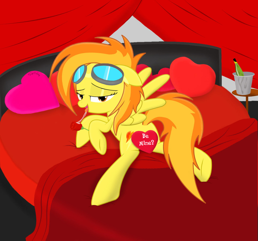 &lt;3 bed bedroom_eyes butt censored cutie_mark english_text equine eyewear female feral flower friendship_is_magic goggles hair holidays horse looking_at_viewer mammal multi-colored_hair my_little_pony pegasus pony rose saliva solo spitfire_(mlp) spitshy text valentine's_day valentine's_day wings wonderbolts_(mlp)