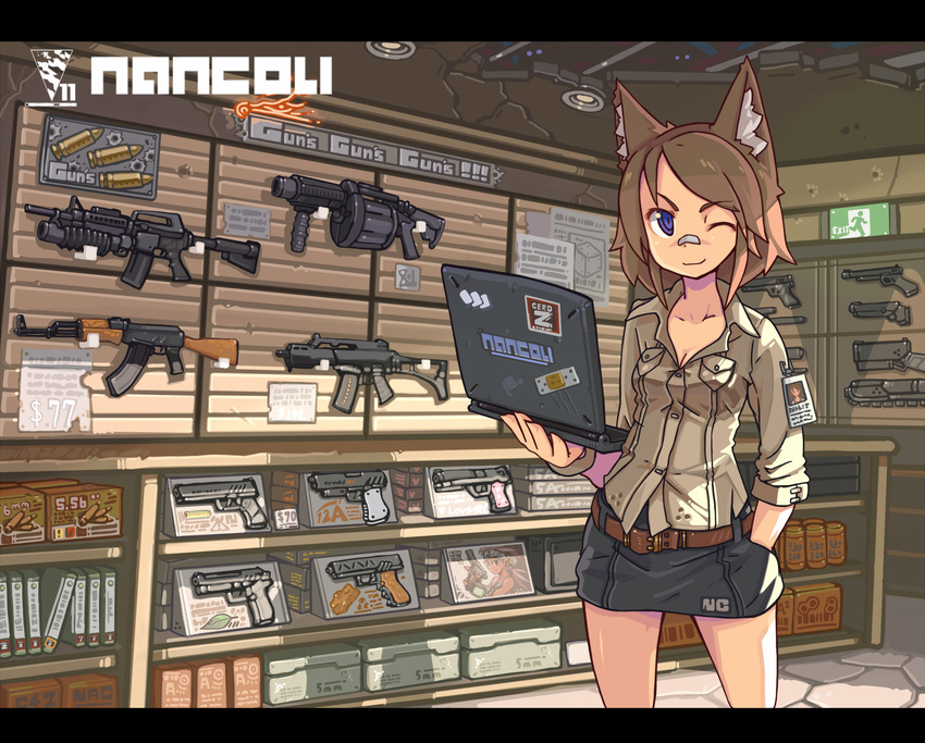 ;) ak-47 animal_ears armory assault_rifle bandaid bandaid_on_nose belt blue_eyes breasts brown_hair cleavage closed_mouth computer g36c grenade_launcher gun hand_in_pocket highres laptop letterboxed m203 m32 m4_carbine medium_breasts nancou_(nankou) one_eye_closed original rifle shop short_hair skirt smile solo underbarrel_grenade_launcher weapon weapon_shop