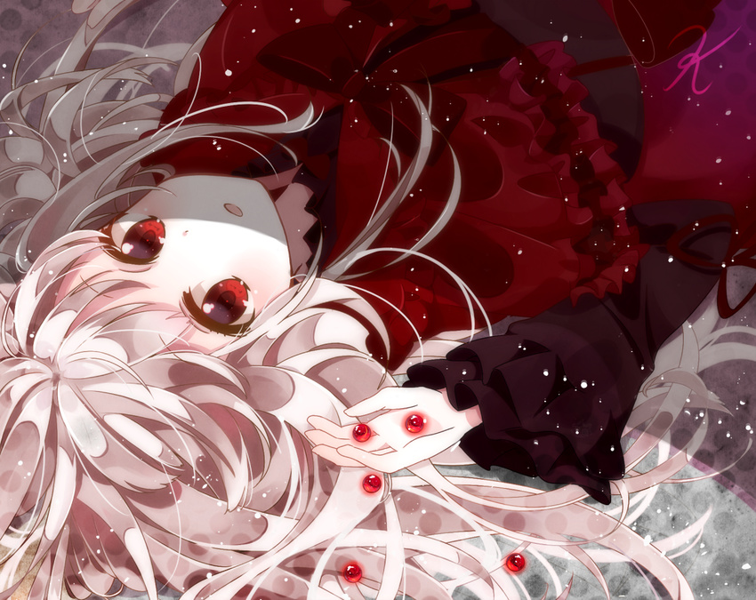 dress k_(anime) kushina_anna lolita_fashion long_hair looking_at_viewer lying marble red_eyes rirako silver_hair