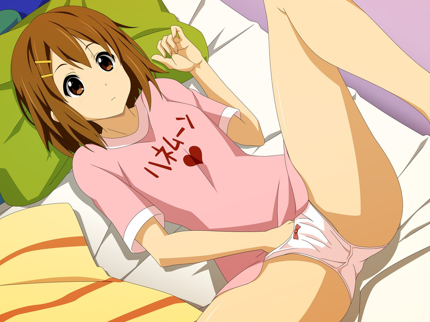 1girl bed bed_sheet breasts brown_eyes brown_hair fingering hair_ornament hairclip hand_in_panties highres hirasawa_yui k-on! legs looking_at_viewer lying masturbation minarui panties pillow pink_panties short_hair solo spread_legs thighs underwear