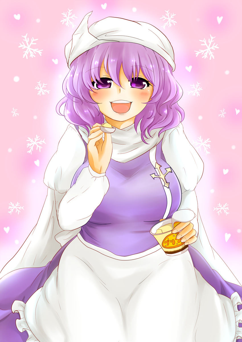 absurdres apron bad_id bad_pixiv_id breasts brooch cape fingernails food hat heart high_collar highres ice_cream jewelry large_breasts lavender_hair letty_whiterock long_sleeves looking_at_viewer mochinya21 open_mouth pink_background purple_eyes short_hair skirt skirt_set snowflakes solo spoon touhou waist_apron