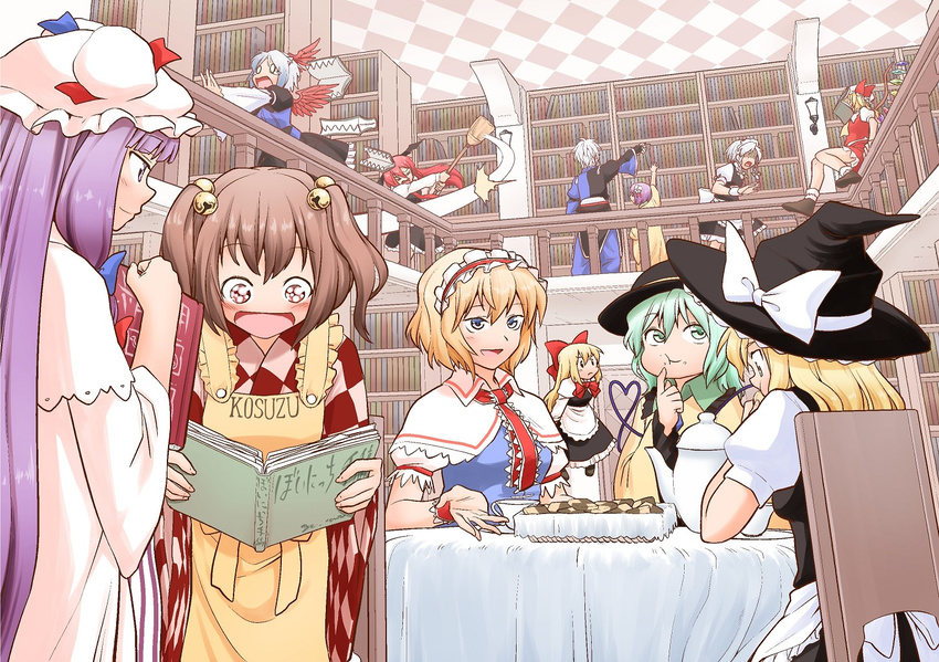 1boy 6+girls :d :t alice_margatroid apron arm_up ascot bangs bat_wings bell biting blonde_hair blue_eyes blunt_bangs book bookshelf bow braid broom brown_hair capelet chair character_name chasing checkerboard_cookie checkered checkered_ceiling checkered_shirt closed_eyes clothes_writing cookie cup dress_shirt eating flandre_scarlet floating flower food food_on_face frills from_behind fuuzasa gem green_eyes green_hair hair_bell hair_bow hair_flower hair_ornament hair_ribbon hairband happy hat hat_bow head_biting head_wings heart heart_of_string hieda_no_akyuu hime_cut holding holding_book horns in_the_face izayoi_sakuya jingle_bell kirisame_marisa koakuma komeiji_koishi lamp lantern large_bow library light_smile long_hair long_sleeves maid maid_headdress mob_cap morichika_rinnosuke motoori_kosuzu multiple_girls necktie no_eyes o_o open_book open_mouth outstretched_arms pac-man_eyes patchouli_knowledge puffy_sleeves purple_eyes purple_hair railing reaching reading red_eyes red_hair red_wings ribbon running scared shaded_face shanghai_doll sharp_teeth shirt shoes short_hair short_sleeves short_twintails side_braid side_ponytail sidelocks silver_hair single_wing sitting skirt skirt_set smile socks sparkle sun_hat table tablecloth teacup teapot tears teeth tokiko_(touhou) touhou tress_ribbon twin_braids twintails two_side_up vest voile voynich_manuscript waist_apron white_shirt wings witch_hat wrist_cuffs yellow_eyes