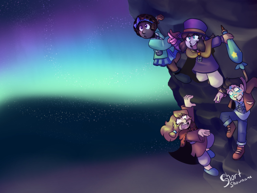1boy 3girls :o a_hat_in_time animal_print ankle_boots aurora belt belt_boots belt_buckle black_boots black_eyes black_hair blonde_facial_hair blonde_hair blue_bow blue_eyes blue_hairband blue_pants blue_skirt blue_sky blue_umbrella boots bow bow_hairband bow_kid brown_boots brown_hair brown_pants buckle cape cat_print child closed_umbrella collared_shirt commentary curly_hair dark-skinned_female dark_skin denim dress english_commentary facial_hair facial_mark green_jacket hairband hanging hat hat_kid hat_ribbon highres holding holding_umbrella hood hood_down hooded_cape jacket jeans long_hair long_sleeves looking_down looking_up medium_hair mountain_climbing multiple_girls mustache mustache_girl night open_hand open_mouth outdoors pants pants_rolled_up parted_lips pink_dress pointing ponytail purple_belt purple_eyes purple_hat purple_jacket purple_pants red_cape red_jacket red_shoes ribbon rock_climbing shirt shoes short_hair shortshowname sidelocks signature skirt sky smile star_(sky) star_(symbol) stargazing teeth timmy_(a_hat_in_time) top_hat umbrella white_shirt yellow_cape yellow_eyes yellow_ribbon zipper_pull_tab