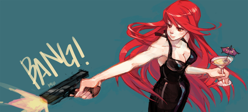 bare_shoulders black_dress blue_background breasts cleavage cocktail_glass cocktail_umbrella dress drink drinking_glass firing formal gun halterneck handgun large_breasts long_hair martini mayonose muzzle_flash outstretched_arm parasoul_(skullgirls) pistol red_hair skullgirls solo very_long_hair weapon yellow_eyes