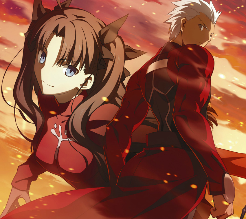 1girl archer black_ribbon blue_eyes brown_eyes brown_hair eyebrows_visible_through_hair fate/stay_night fate_(series) hair_ribbon long_hair looking_at_viewer looking_back official_art outstretched_arm red_sweater ribbon silver_hair spiked_hair sweater takeuchi_takashi toosaka_rin two_side_up unlimited_blade_works