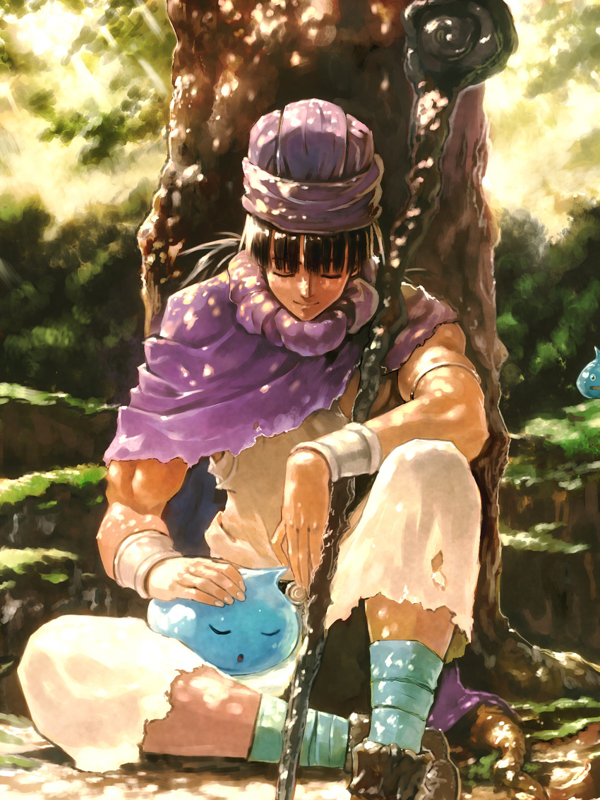 against_tree armlet bangs black_hair blunt_bangs bob_(biyonbiyon) cape closed_eyes dappled_sunlight day dragon_quest dragon_quest_v full_body hat hero_(dq5) highres light_smile long_hair male_focus muscle nature outdoors petting sitting sleeping sleeping_upright slime_(dragon_quest) smile solo staff sunlight torn_clothes tree tree_shade turban vambraces weapon