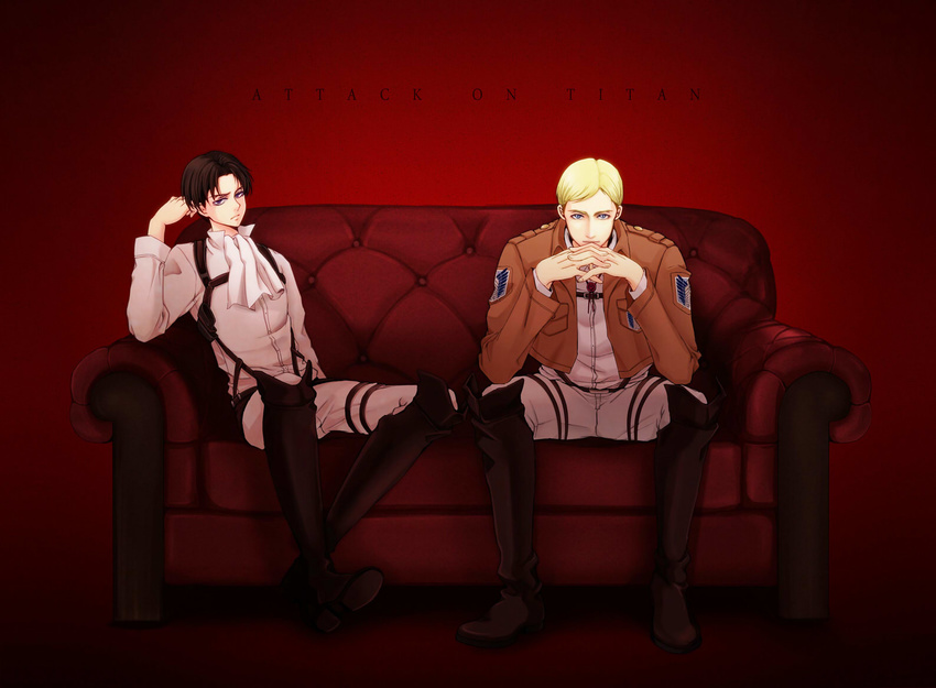 ascot bad_id bad_pixiv_id belt black_eyes black_hair blonde_hair bolo_tie boots copyright_name couch emblem erwin_smith jacket knee_boots levi_(shingeki_no_kyojin) multiple_boys paradis_military_uniform shingeki_no_kyojin siroii sitting survey_corps_(emblem) sword thigh_strap three-dimensional_maneuver_gear uniform weapon