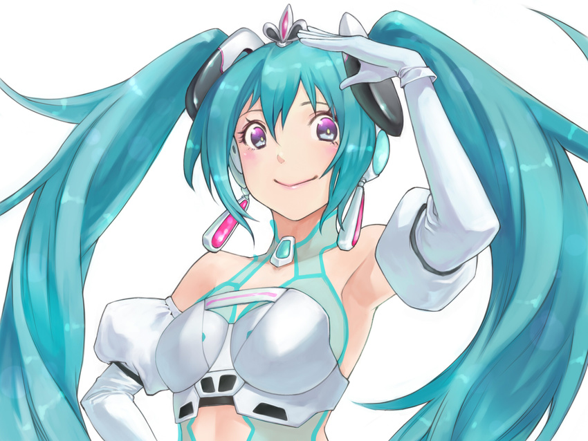 aqua_hair arm_up armpits bad_id bad_pixiv_id elbow_gloves gloves goodsmile_company goodsmile_racing hatsune_miku highres liviech long_hair purple_eyes race_queen racing_miku racing_miku_(2012) smile solo twintails vocaloid white_background