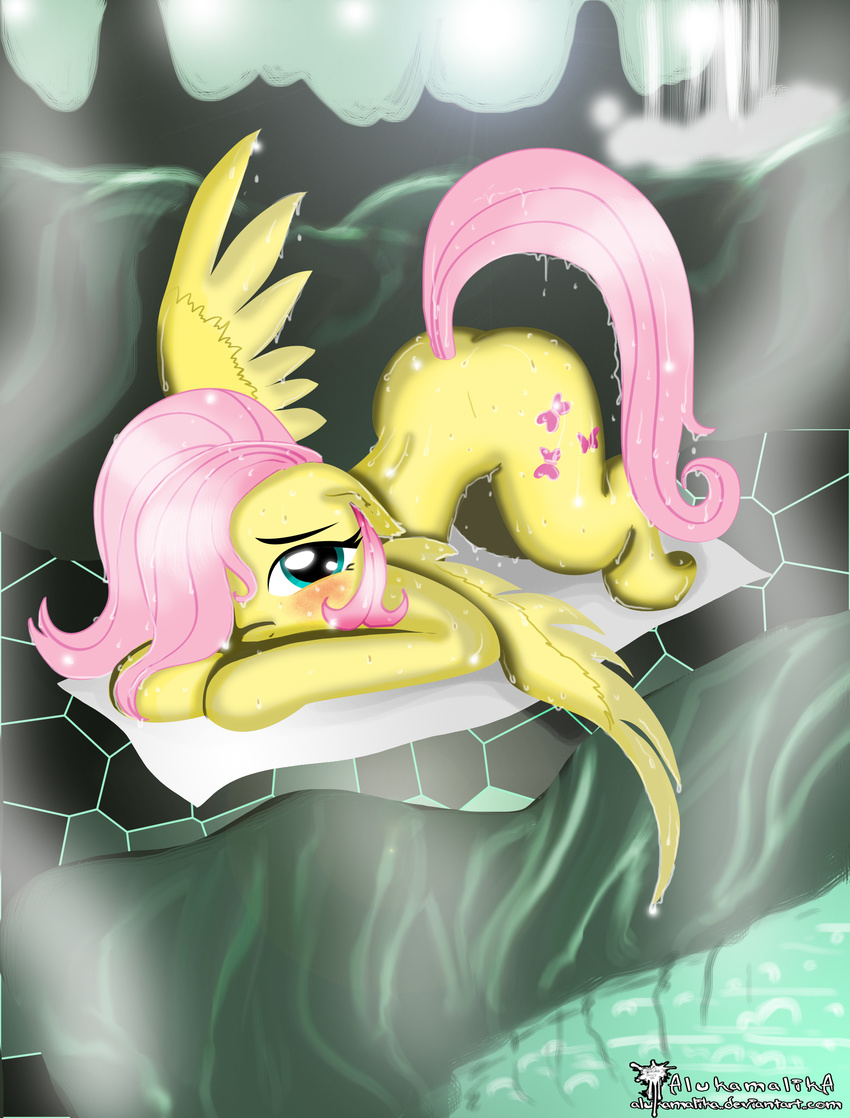 alukamalika ass_up blush cutie_mark equine female feral fluttershy_(mlp) friendship_is_magic fur green_eyes hair horse mammal my_little_pony pegasus pink_hair pony solo water wet wings yellow_fur