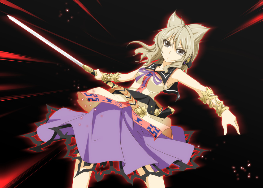 belt bracelet brown_eyes brown_hair contrapposto cowboy_shot earmuffs highres holding holding_sword holding_weapon jewelry kakao_(noise-111) looking_at_viewer purple_ribbon ribbon short_hair skirt sleeveless solo standing sword tales_of_(series) tales_of_xillia touhou toyosatomimi_no_miko weapon wrist_cuffs